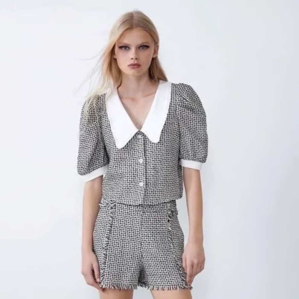 Zara Poplin Peter Pen Collar Tweed Top
